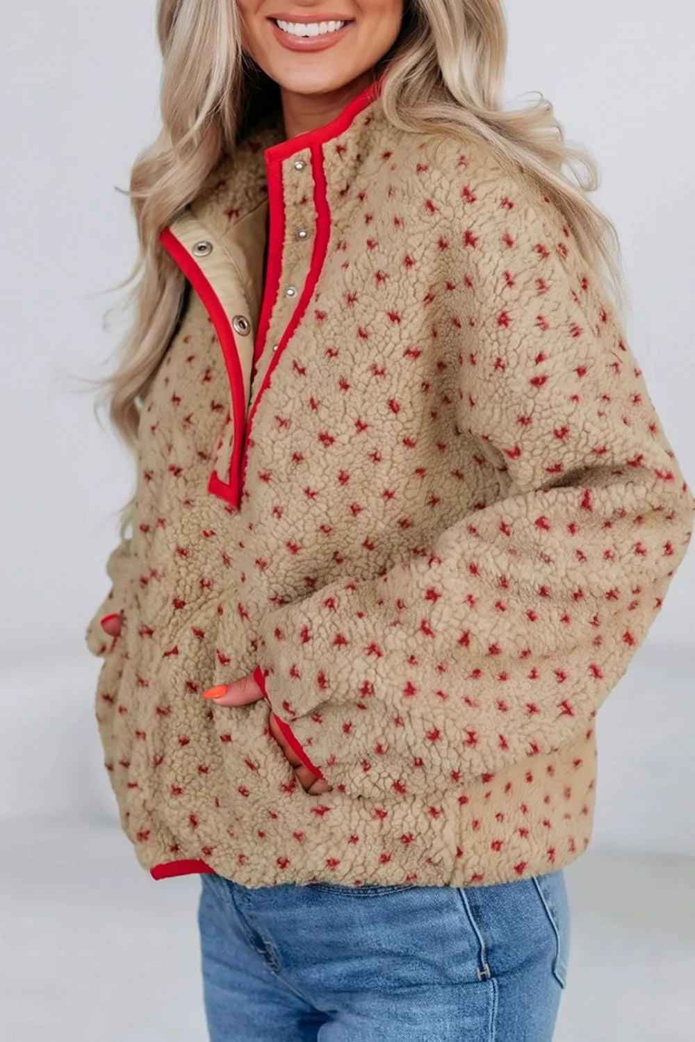 Heart Pattern Fleece Colorblock Collar Long Sleeve Sweatshirt, image 2