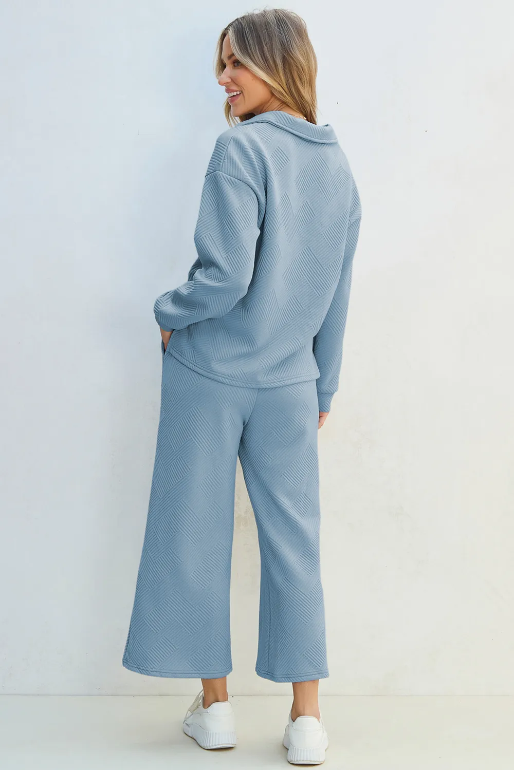 Textured Collared Neck Top and Wide Leg Pants Set, image 4