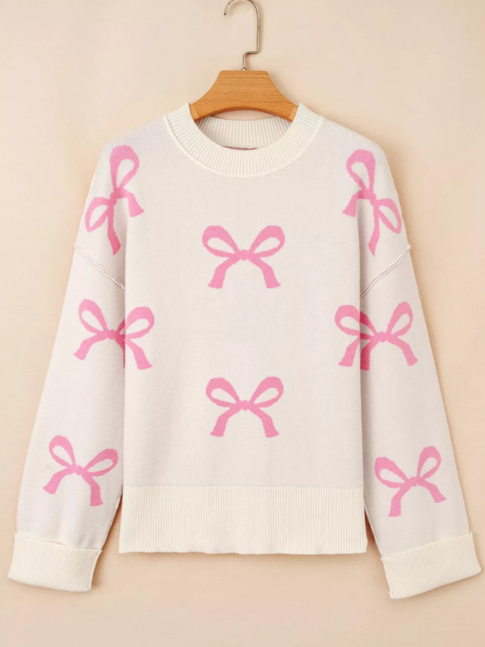 Bow Print Ribbed Trim Exposed Seam Drop Shoulder Loose Sweater, image 3