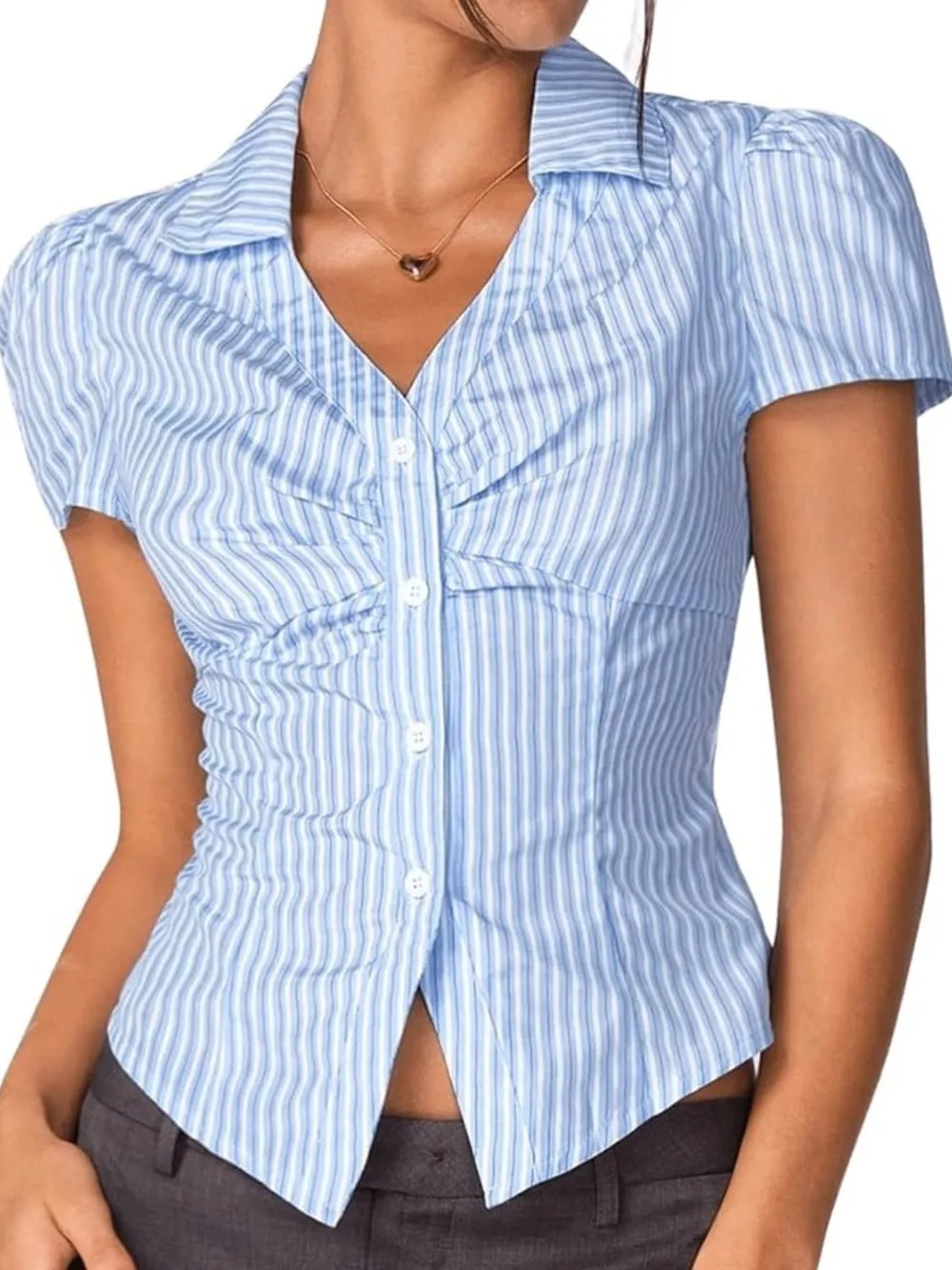 Striped Collared Neck Short Sleeve Shirt, image 9