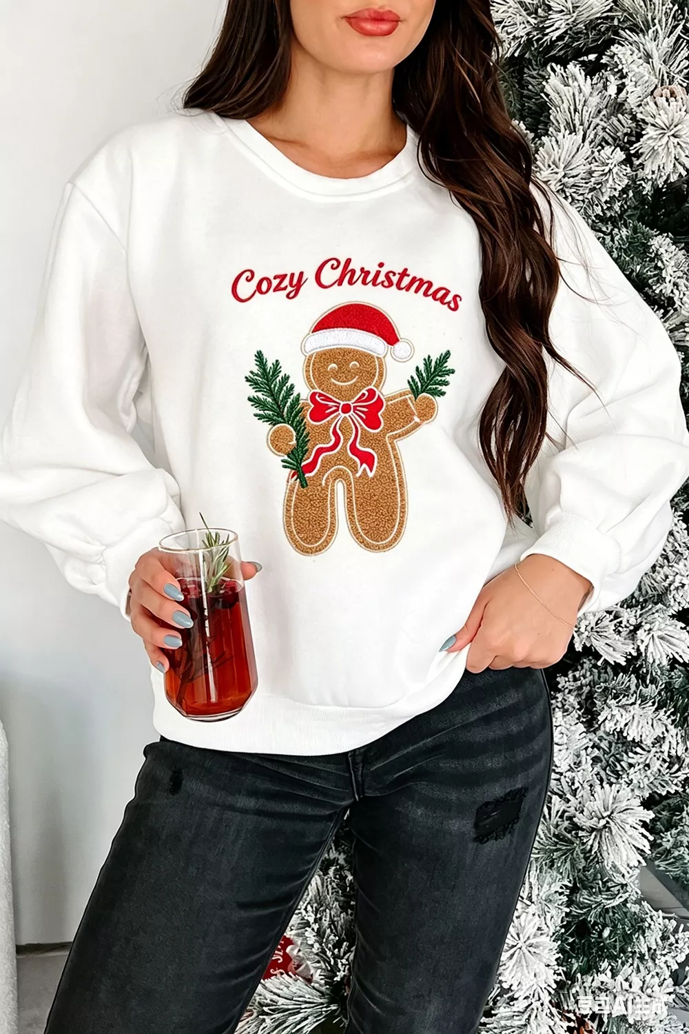 Embroidered Gingerbread Cozy Christmas Long Sleeve Round Neck Sweatshirt, image 2