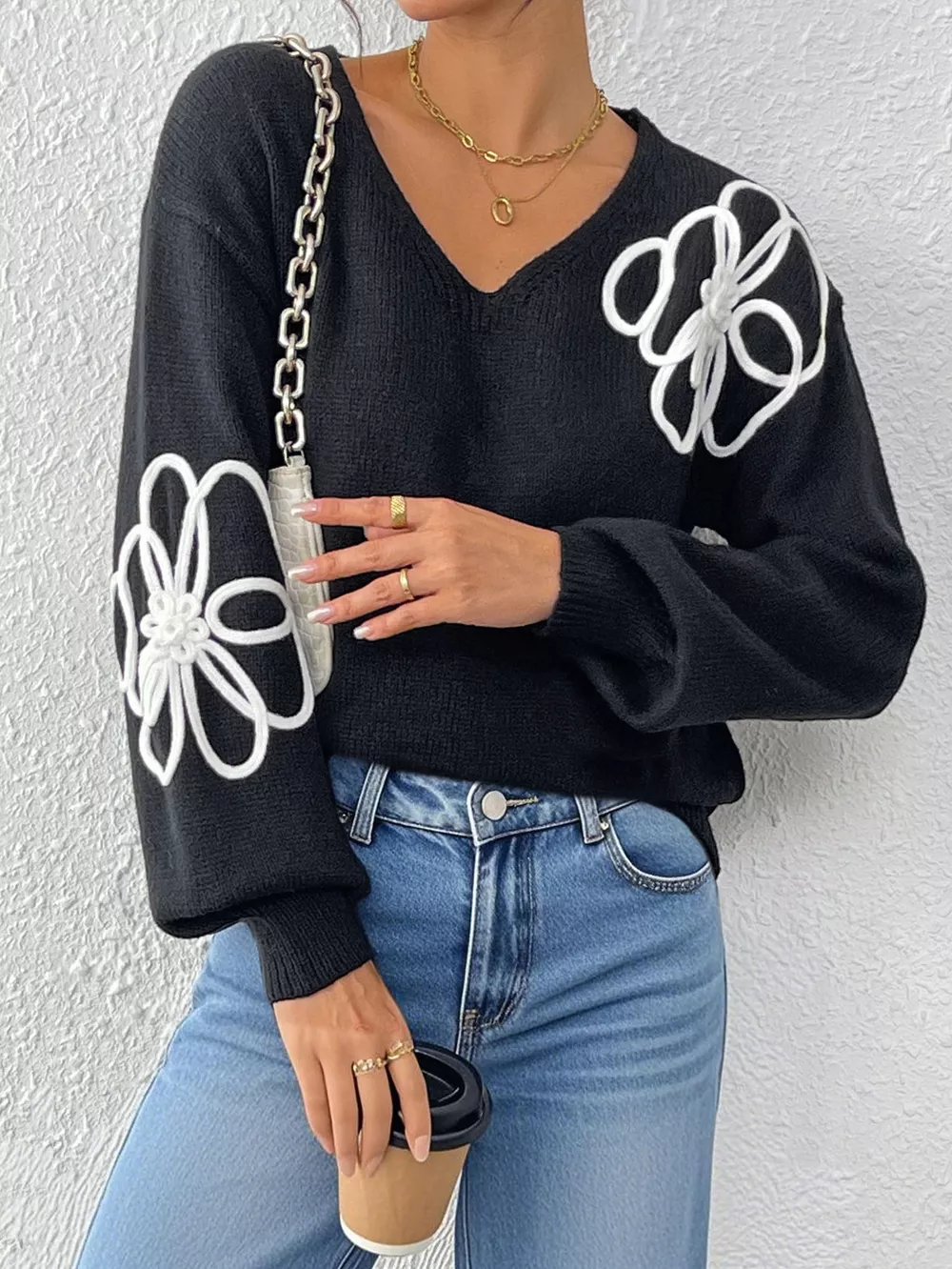 Flower V-Neck Long Sleeve Sweater, image 4