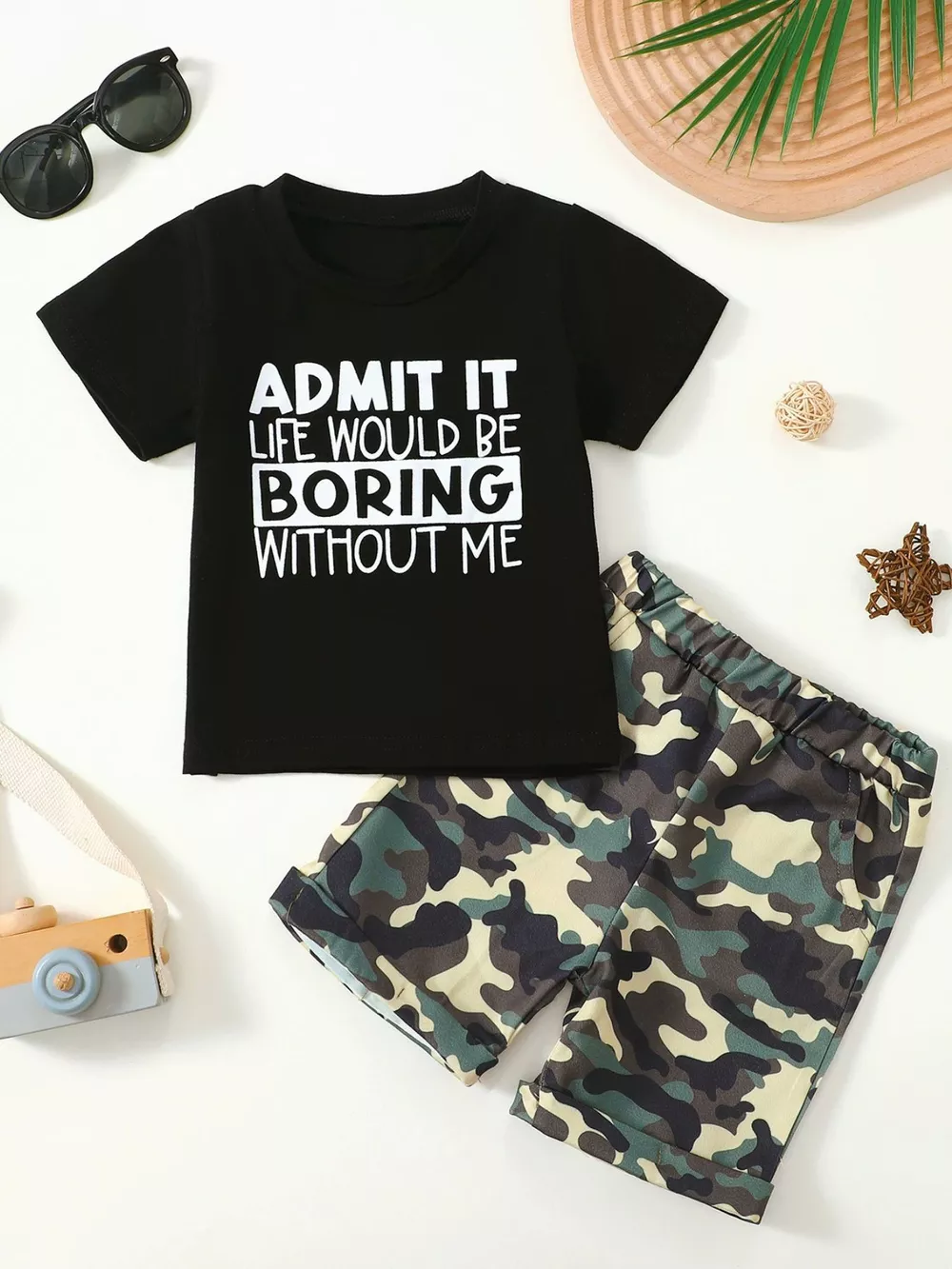 Children's Letter Graphic Tee and Camouflage Shorts Set