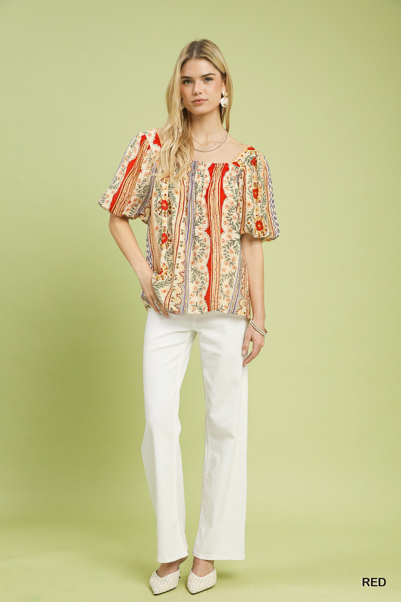 Patchwork Puff Sleeve Smocked Blouse, image 3