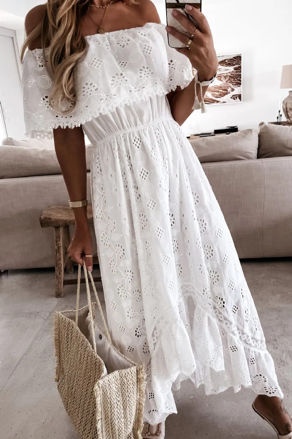 Off Shoulder Eyelet Lace Maxi Dress, image 7