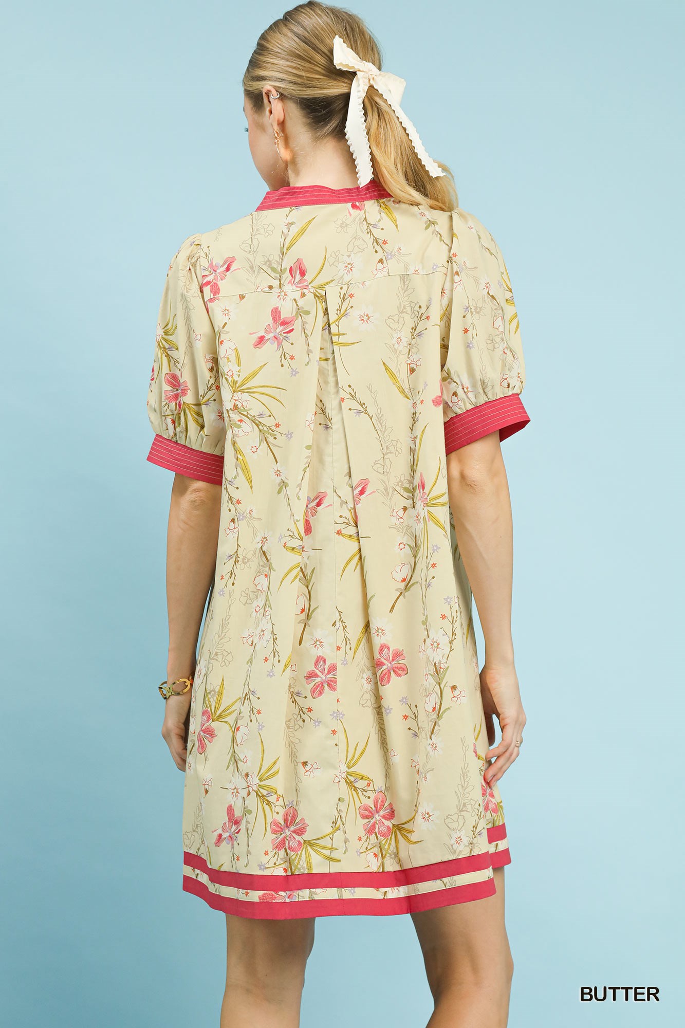 Floral Puff Sleeve Dress with Contrast Trim, image 5