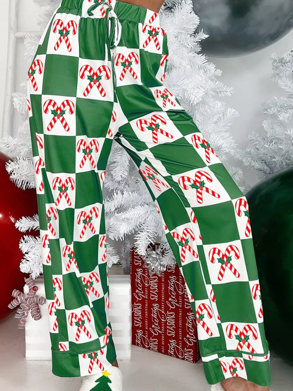 Candy Cane Checkered Pattern 2pcs Pajama Set, image 2