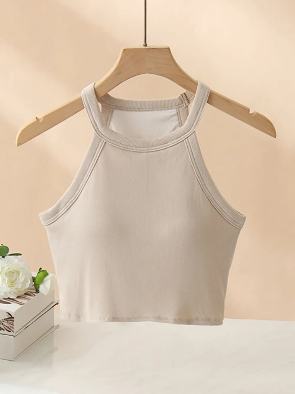 Ribbed Grecian Neck Cropped Tank with Chest Pads, image 22