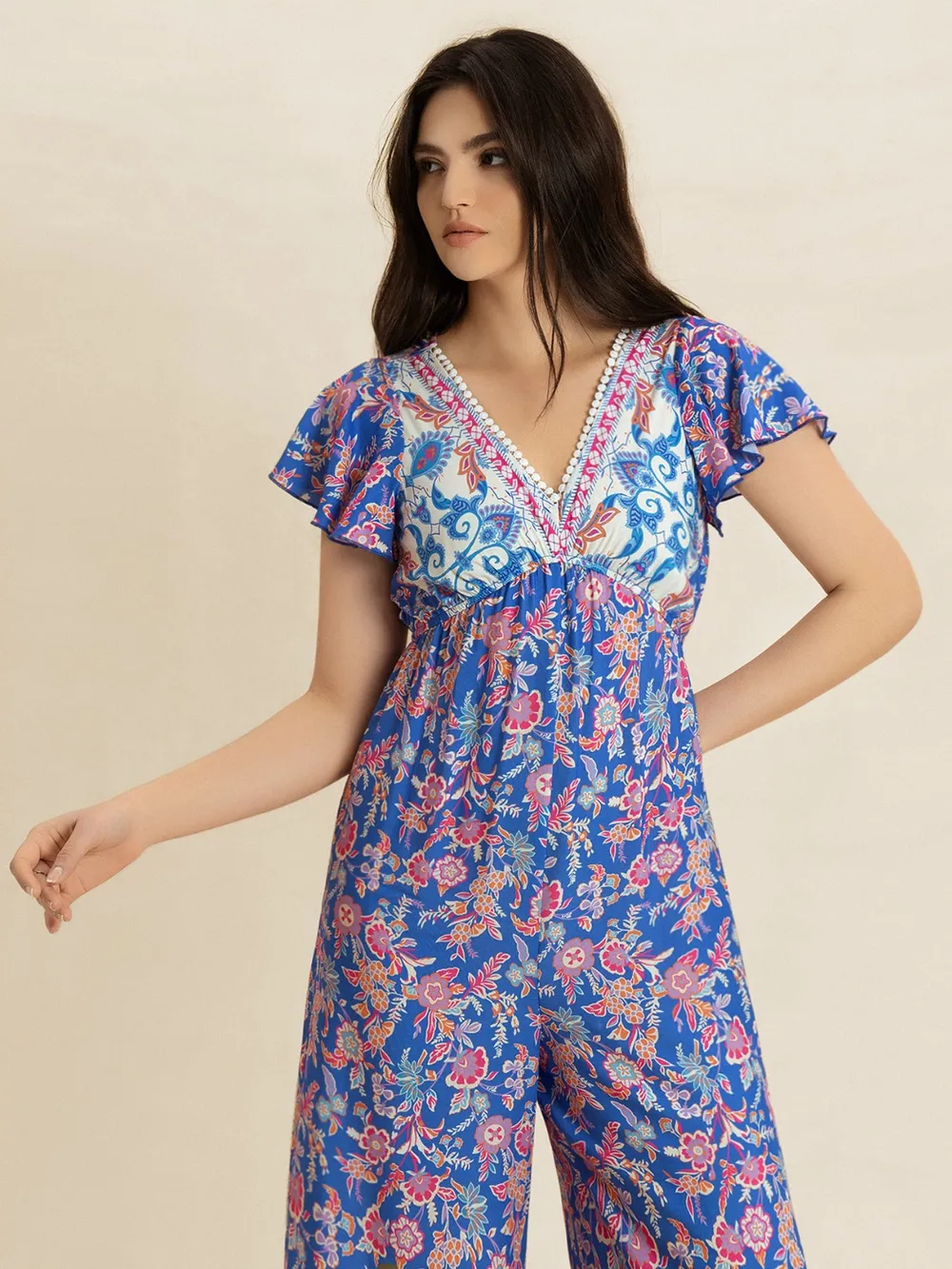 Printed V-Neck Wide Leg Jumpsuit, image 7