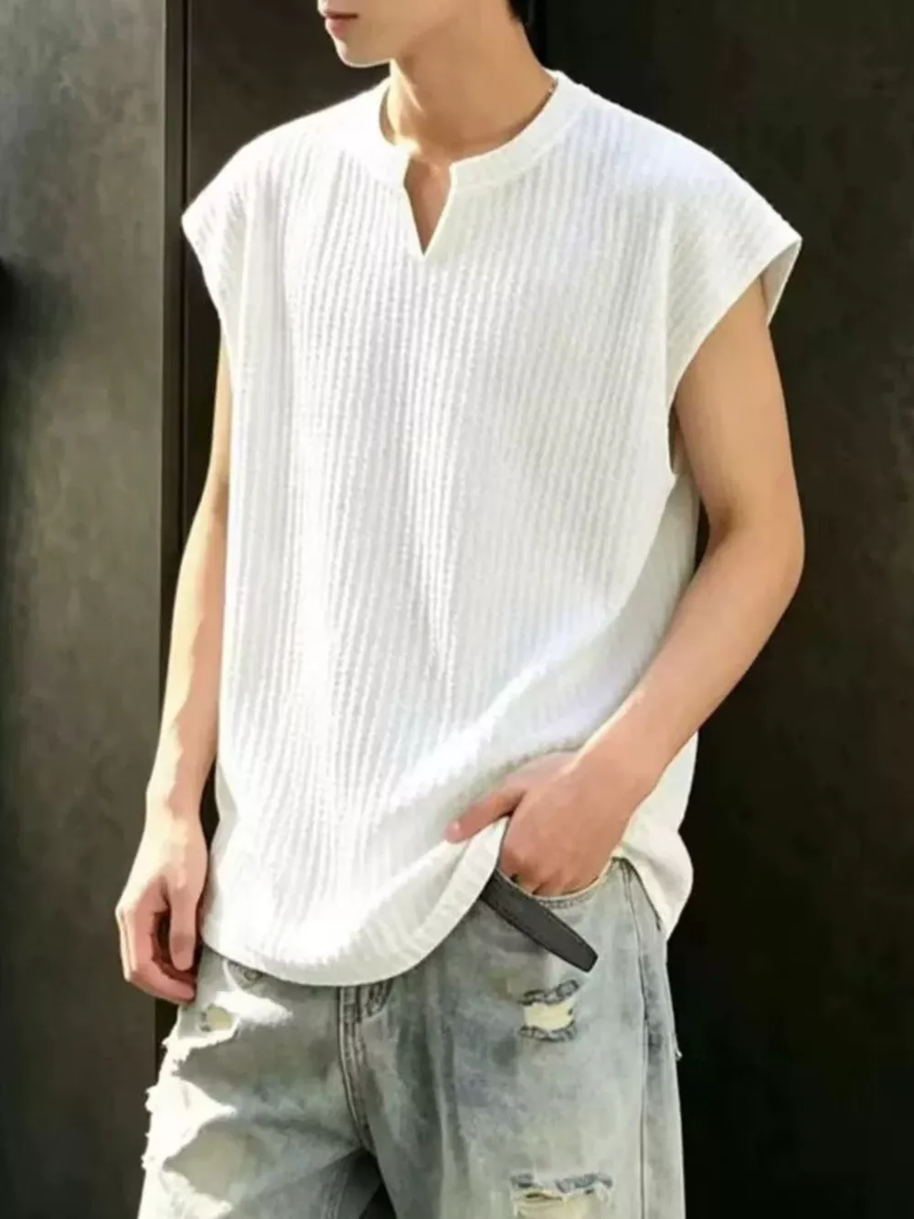 Men's Plus Size Textured Knit Notched Tank Top, image 4
