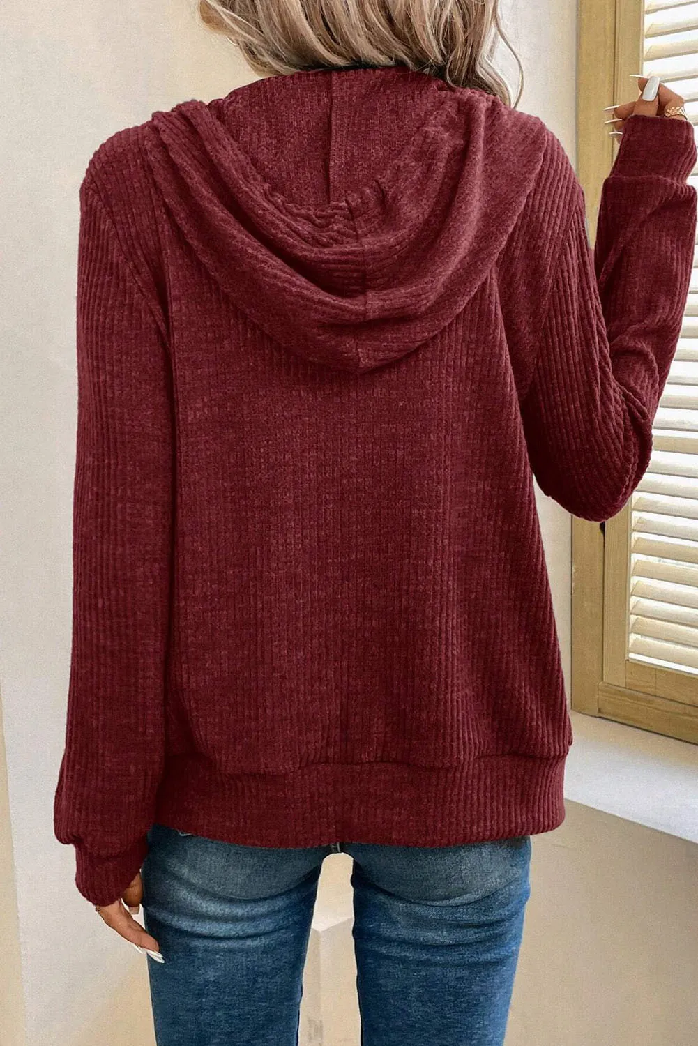 Drawstring Zip Up Long Sleeve Hooded Jacket, image 7