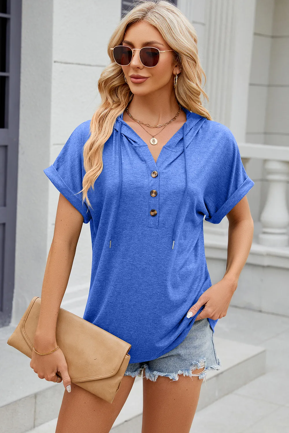 Half Button Drawstring Short Sleeve Hooded T-Shirt, image 10
