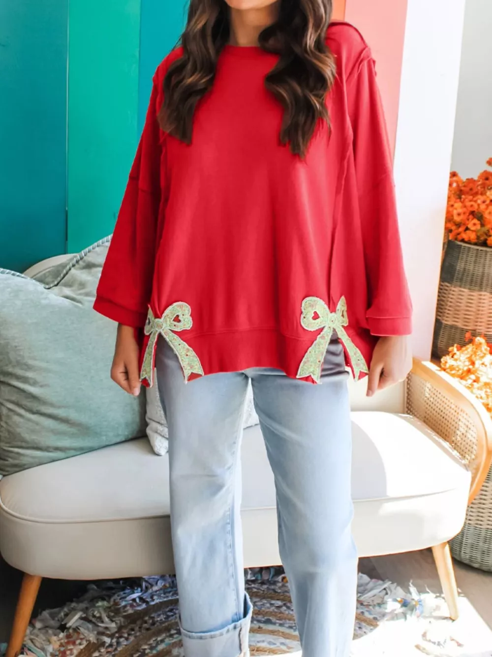 Floral Bow Patched Exposed Seam Patchwork Slit Baggy Sweatshirt, image 3