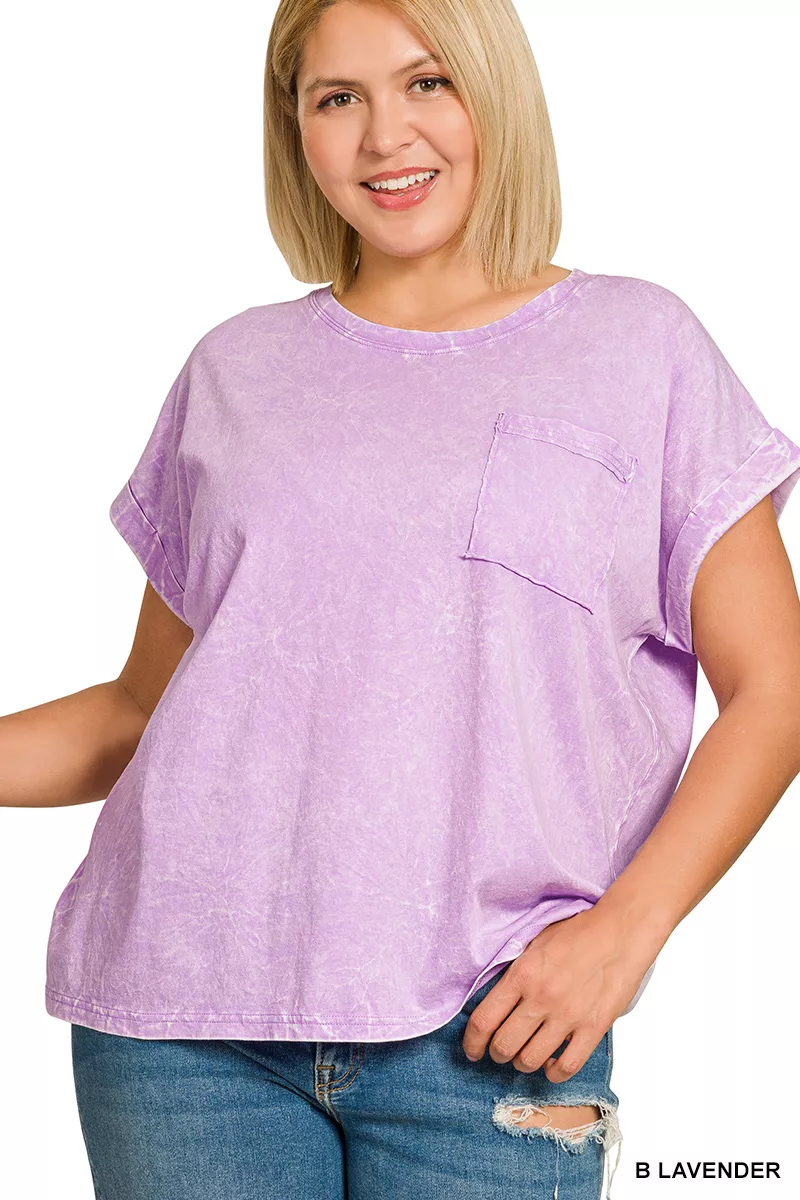 Full Size Crinkle Washed Round Neck Folded Short Sleeve Tee Plus Size, image 3