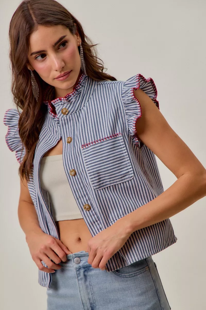 Stripe Twill Stitch Ruffled Hidden Button Vest Top, image 4