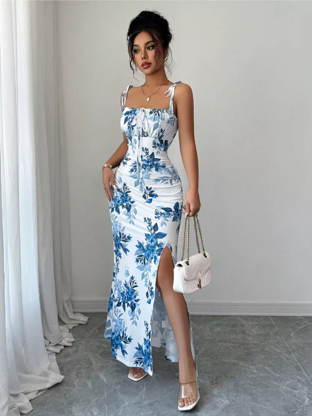 Printed Tie Strap Slit Maxi Dress, image 13