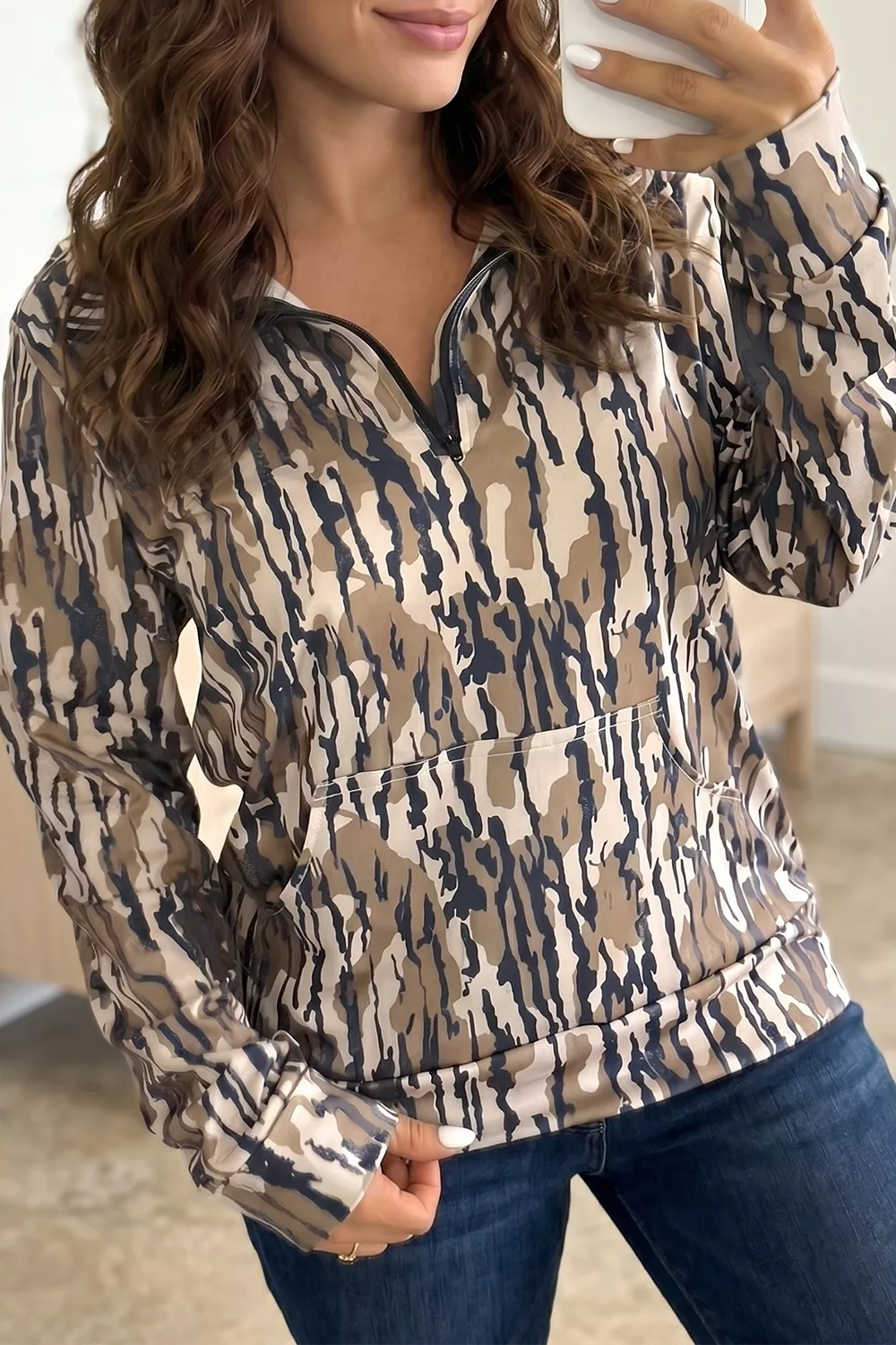 Camouflage Zipper Collar Front Pocket Sweatshirt, image 5