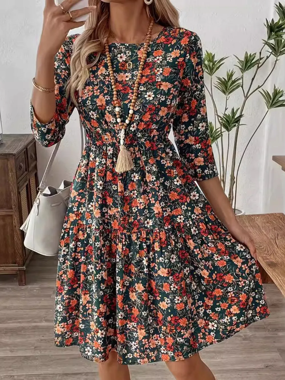 Frill Floral Round Neck Dress, image 2