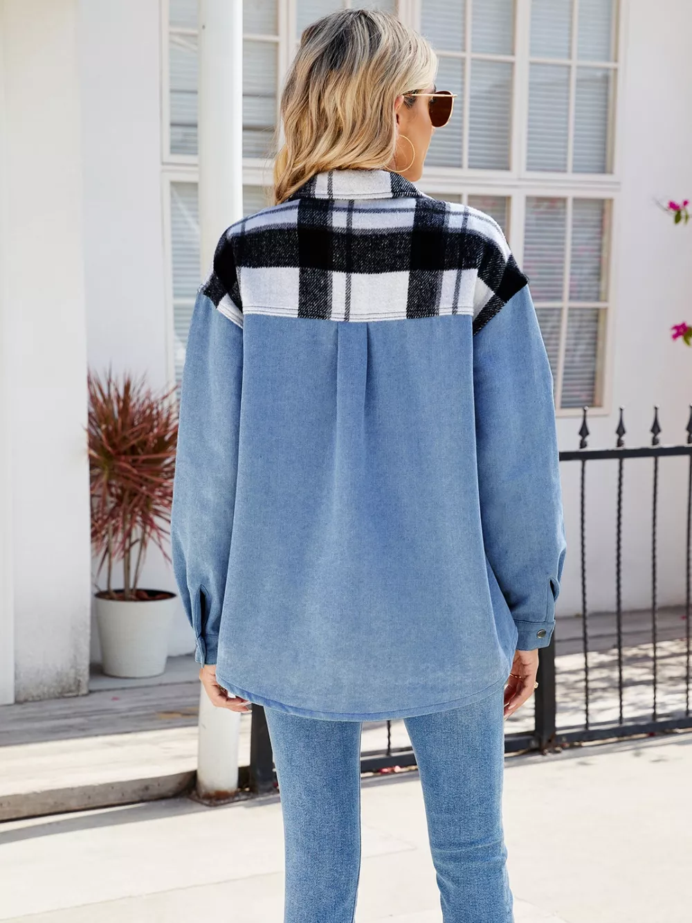 Pocketed Plaid Snap Down Denim Jacket, image 6