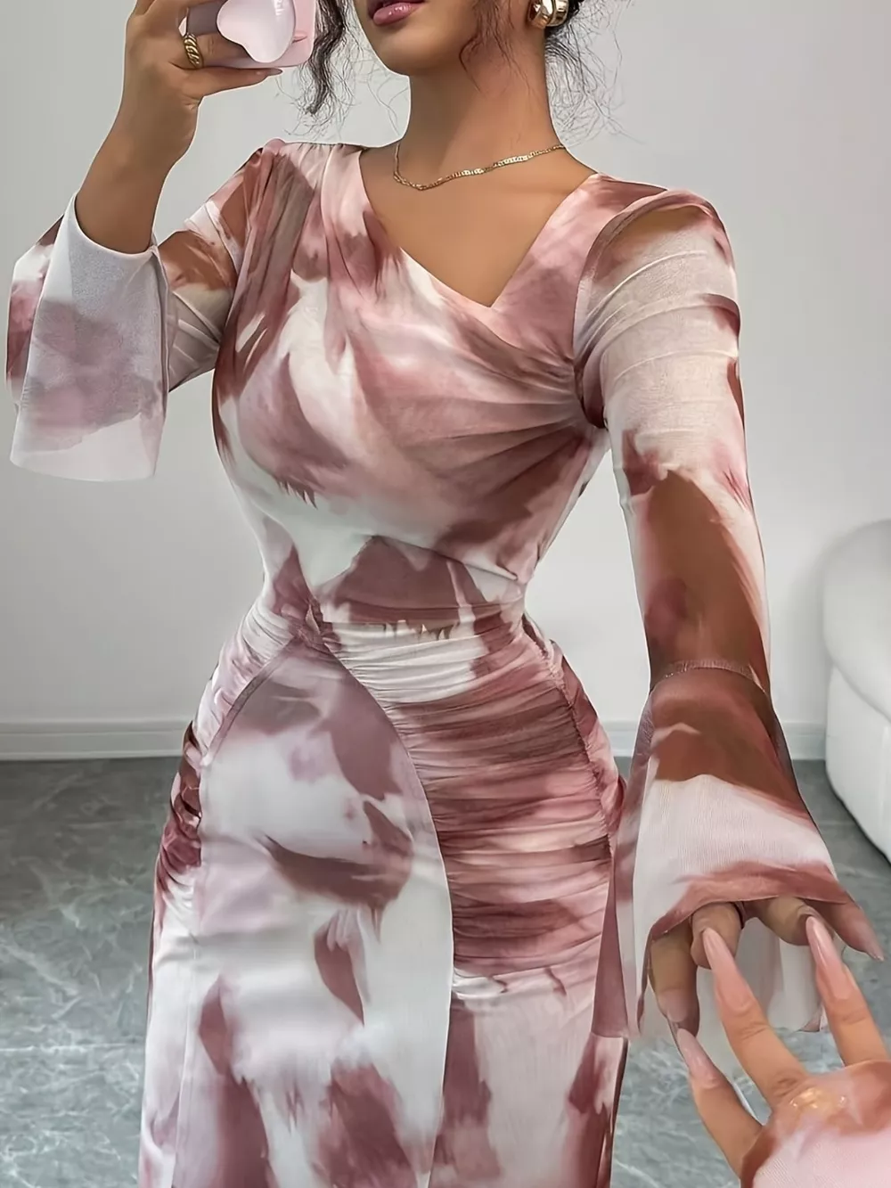 Asymmetrical Neck Long Sleeve Maxi Dress, image 4