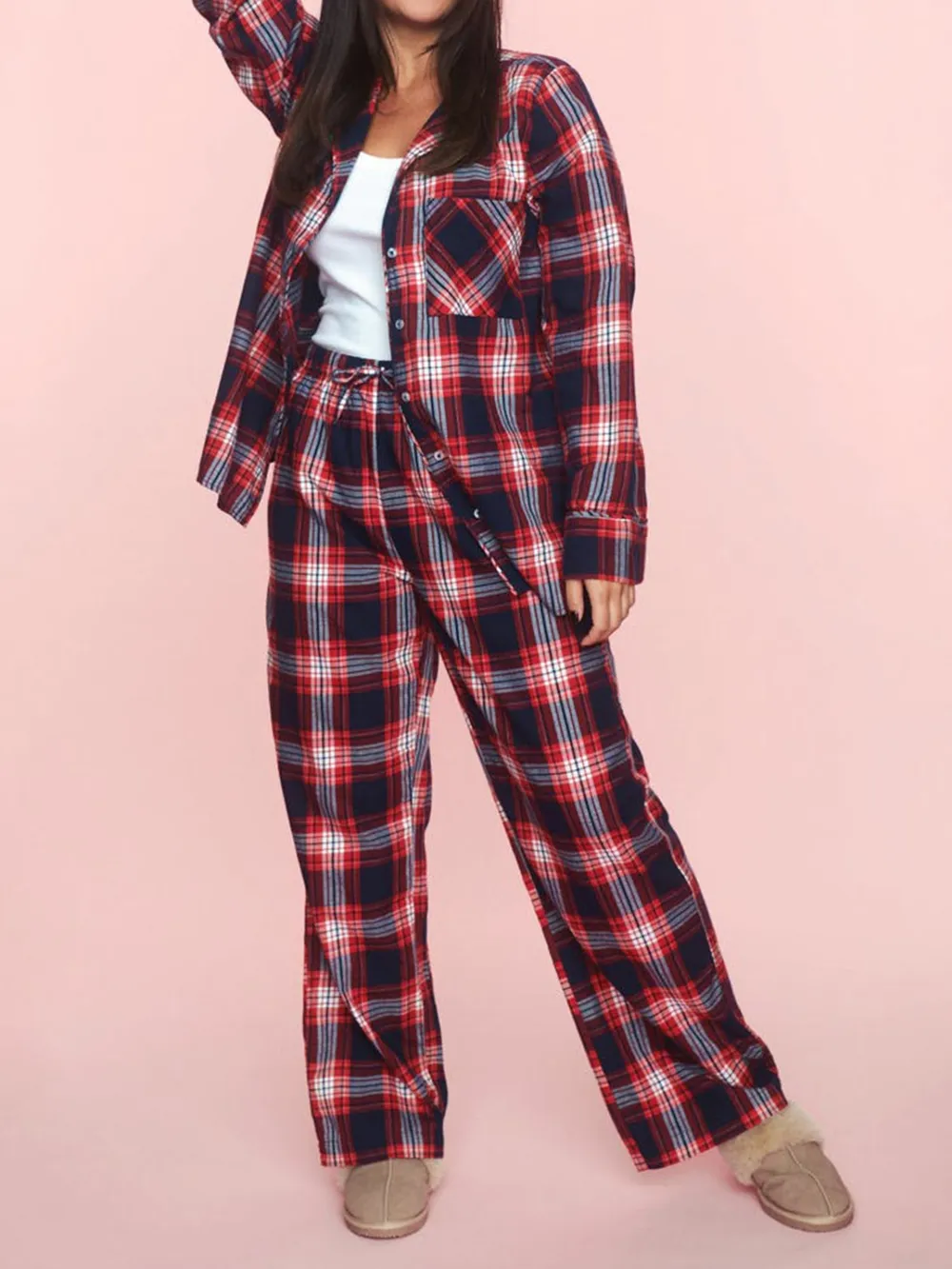 Plaid Collared Neck Button Up Top and Pants Lounge Set, image 11