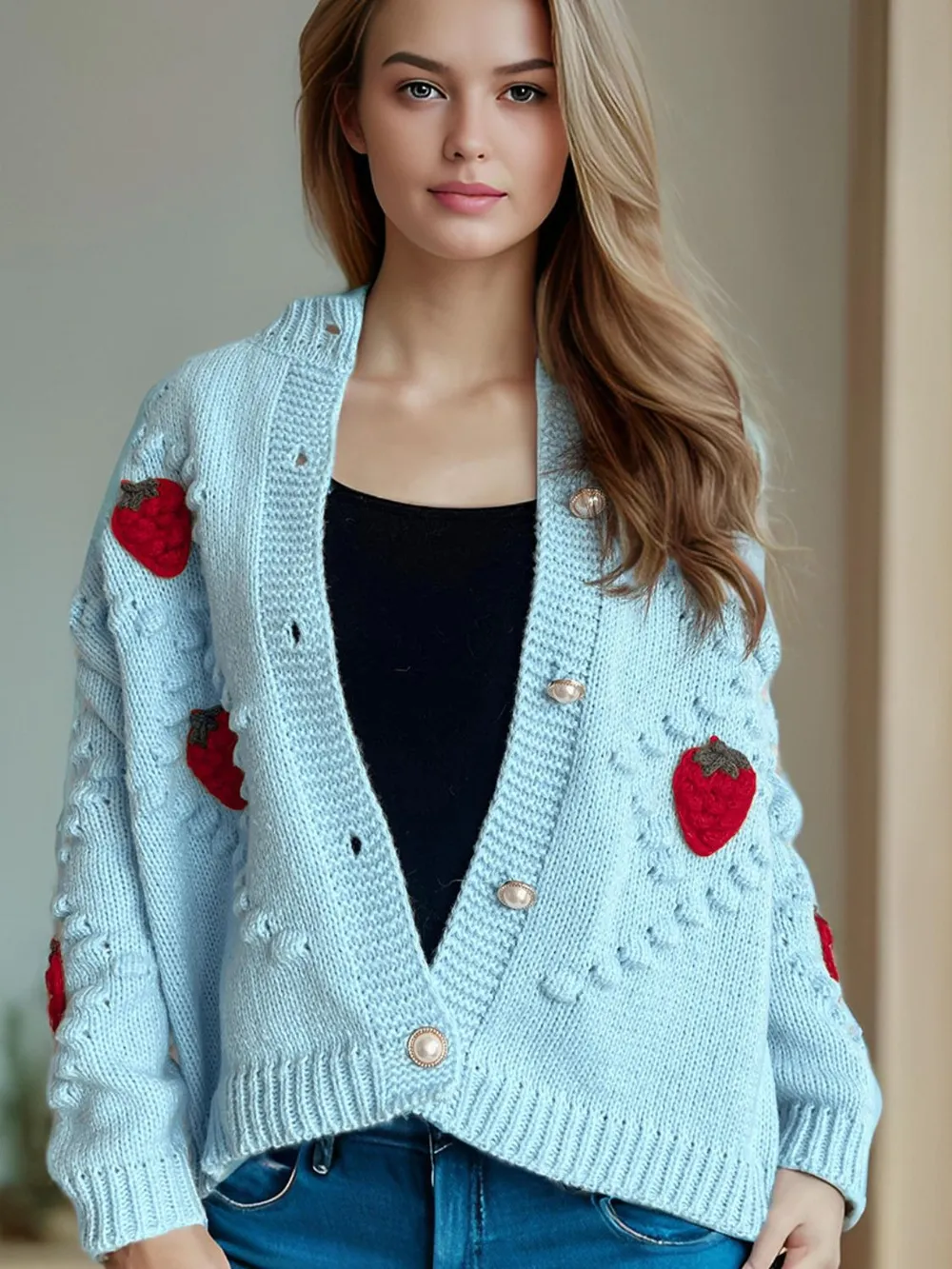 Strawberry Button Down Long Sleeve Cardigan, image 13