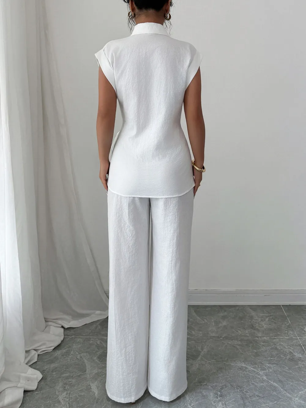Collared Neck Cap Sleeve Top and Pants Set, image 4