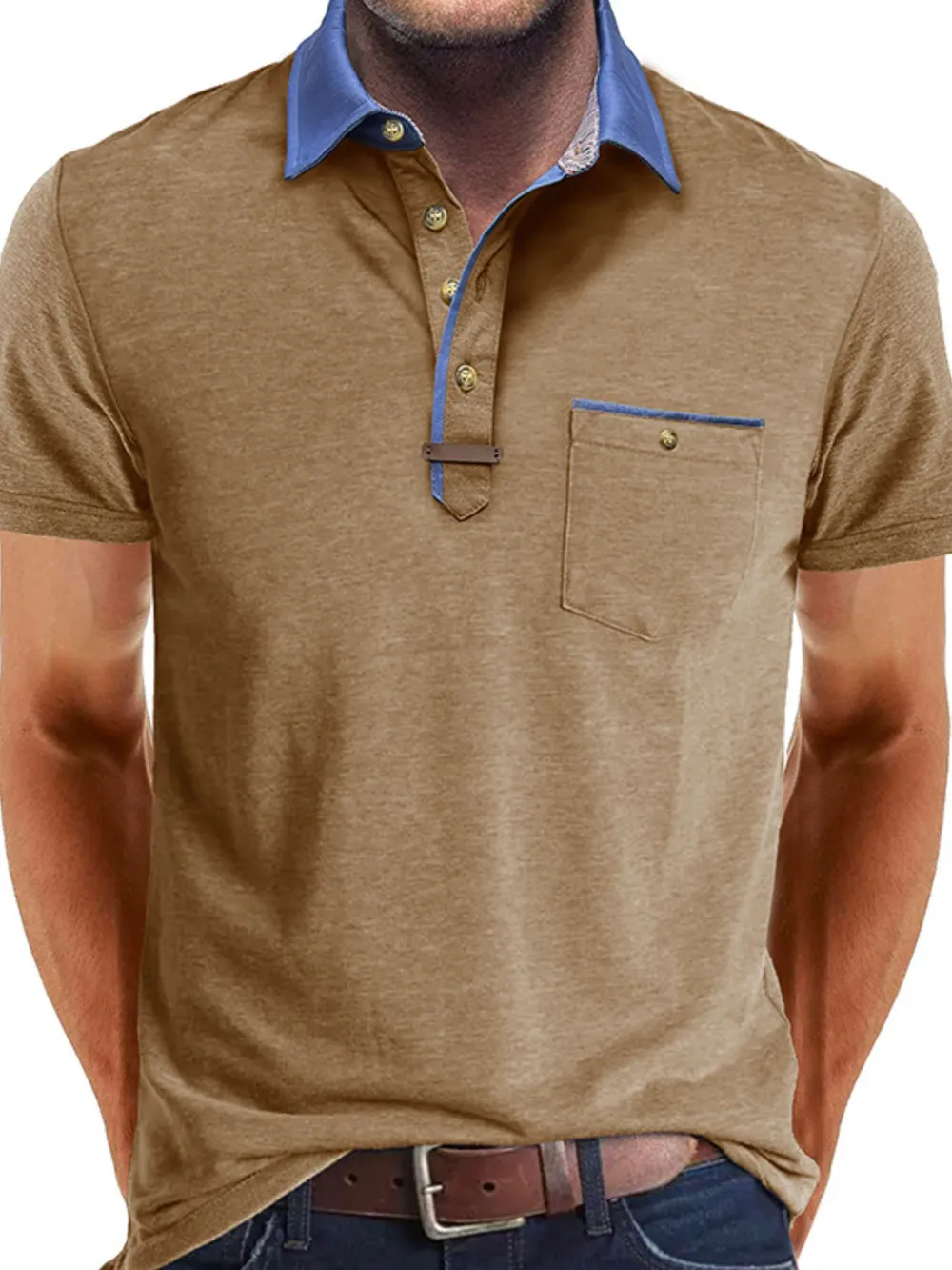 Men's Full Size Contrast Collar Pocket Polo Shirt Plus Size, image 6