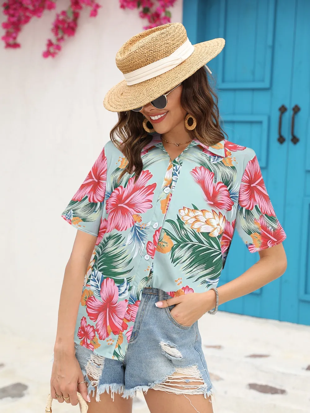 Printed Collared Neck Short Sleeve Shirt, image 6