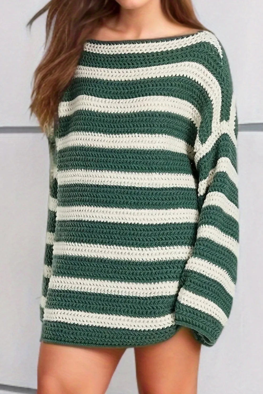 Striped Round Neck Dropped Shoulder Sweater, image 2