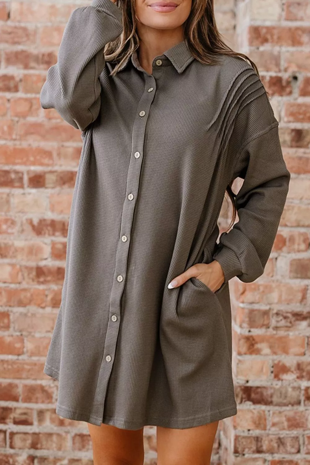 Waffle Knit Shirt Tunic Dress, image 10
