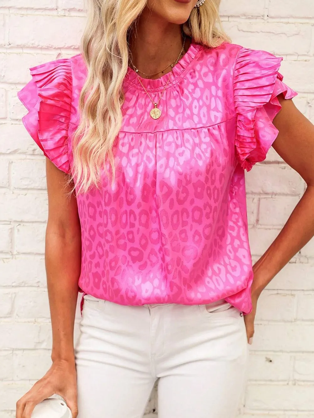 Leopard Frill Mock Neck Ruffled Cap Sleeve Top, image 4