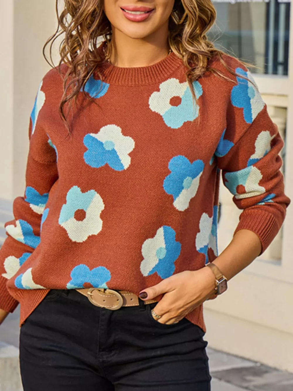 Floral Crew Neck Long Sleeve Sweater, image 5