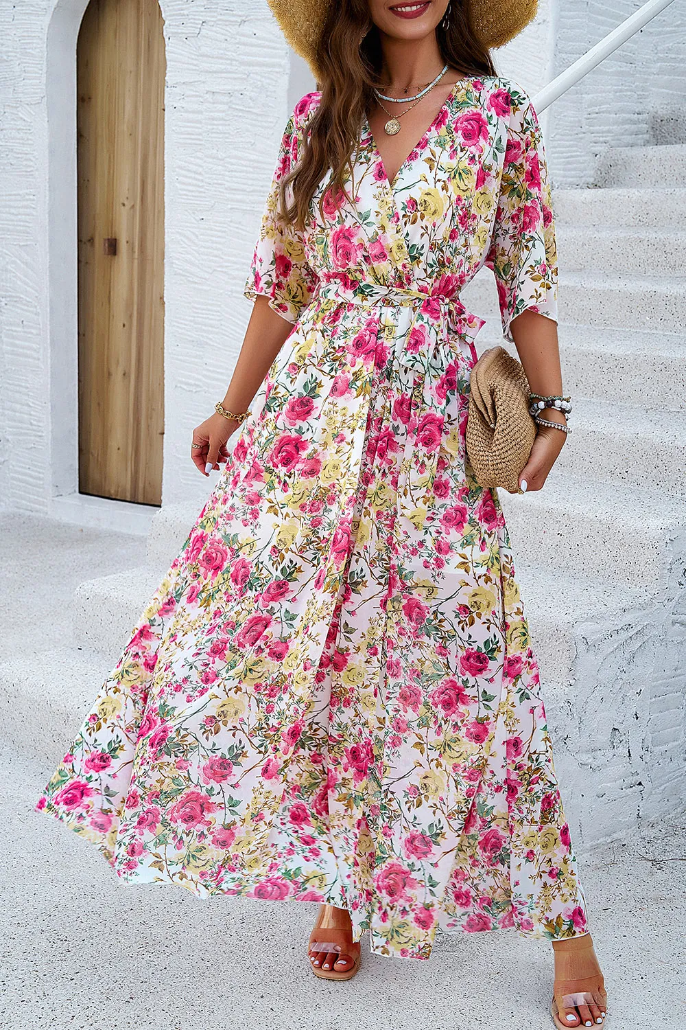 Printed Tied Half Sleeve Slit Dress, image 7