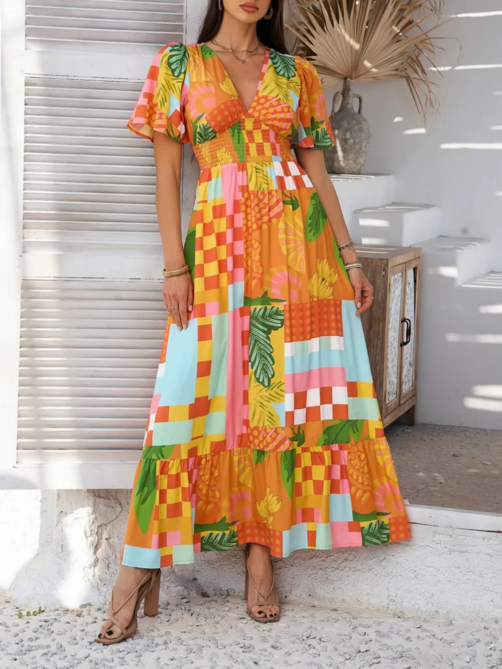 Smocked Printed V-Neck Short Sleeve Maxi Dress, image 14