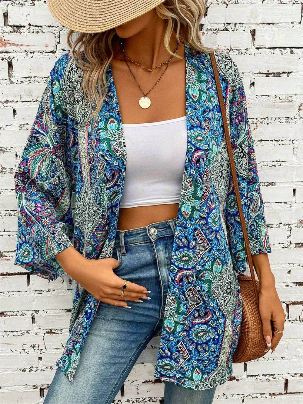 Printed Open Front Three-Quarter Sleeve Cover Up, image 5