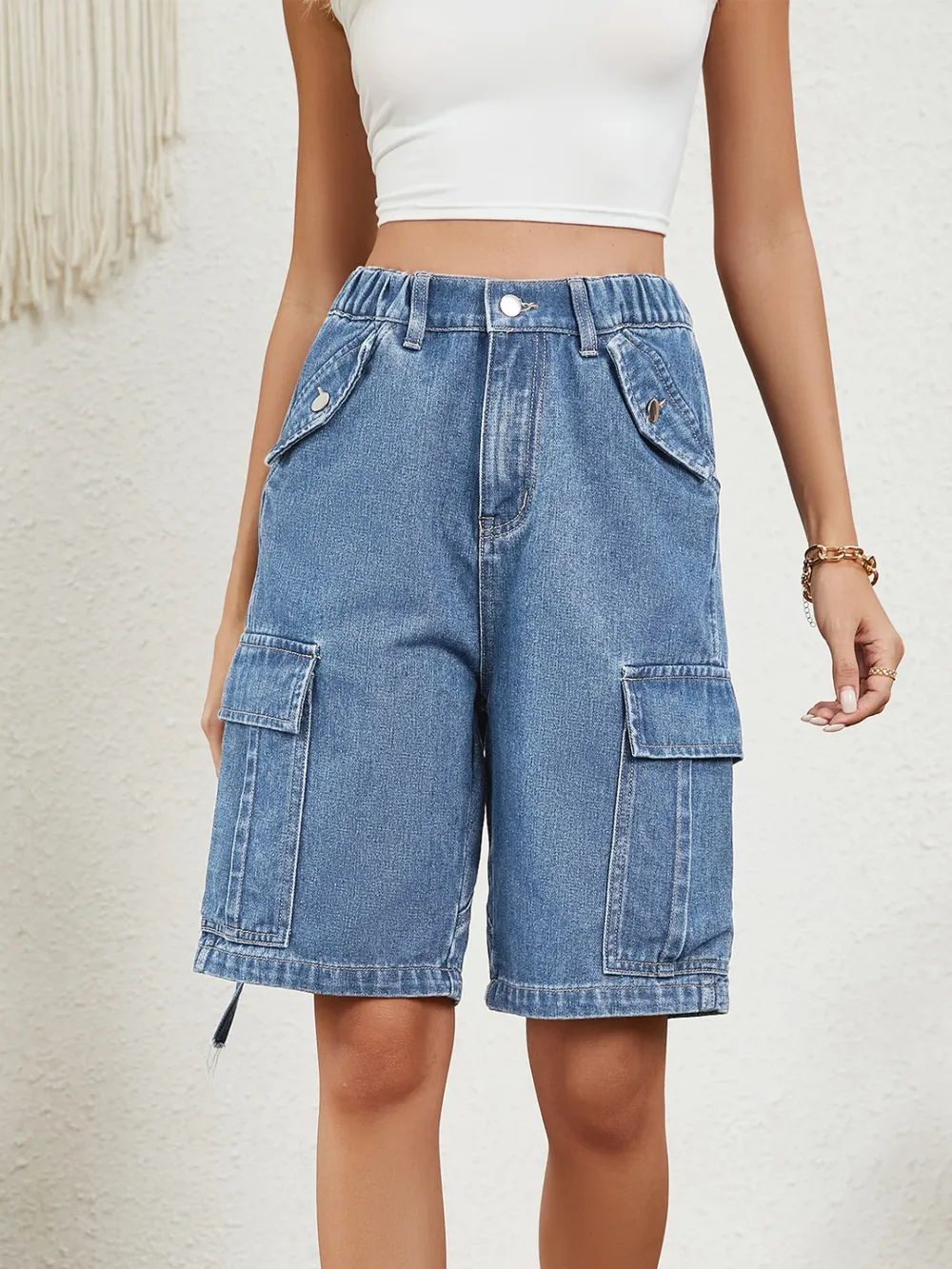 High Waist Denim Shorts with Pockets, image 20