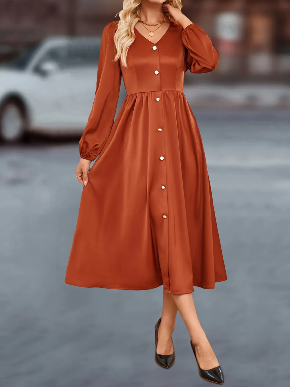 V-Neck Balloon Sleeve Midi Dress, image 2