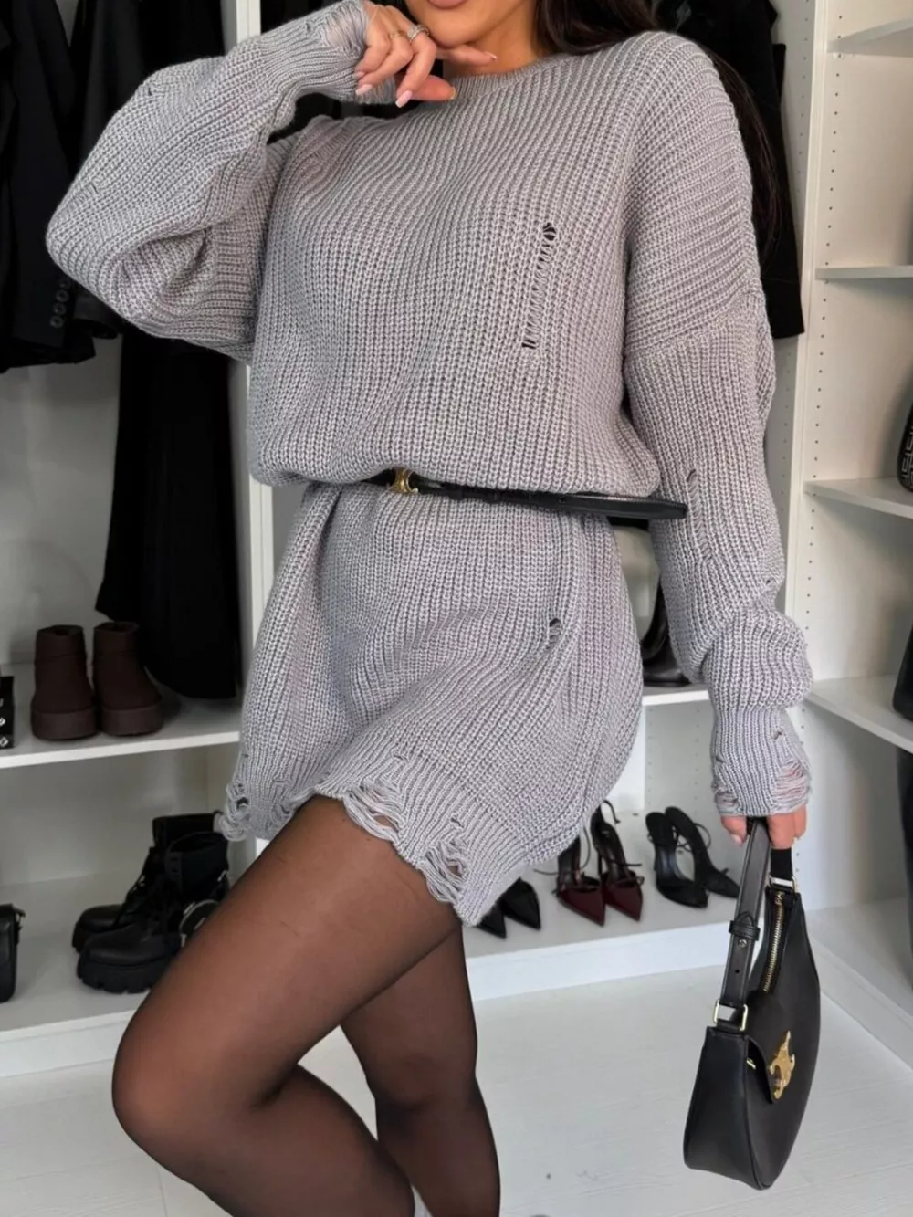 Distressed Round Neck Drop Shoulder Sweater Dress, image 16