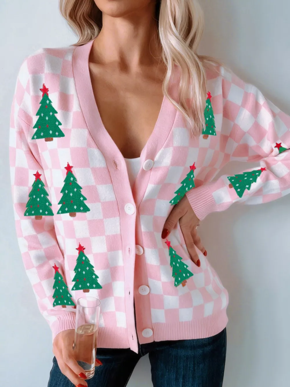 Christmas Tree Pattern Checkered Button V Neck Cardigan, image 6
