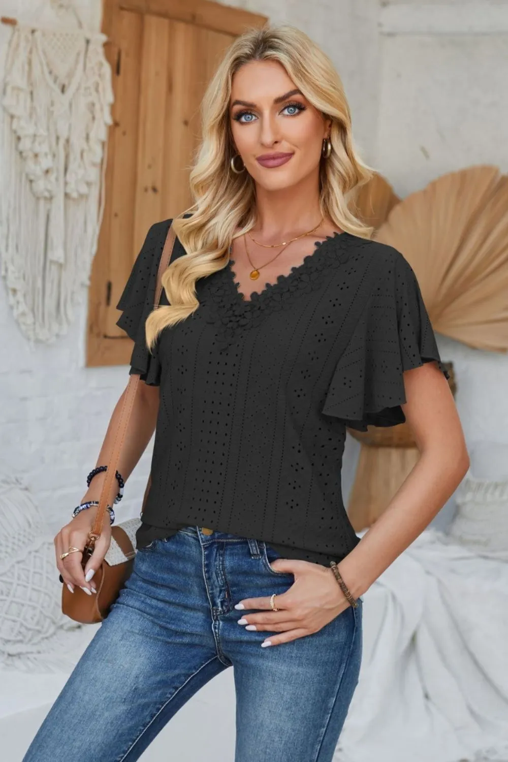 Eyelet Applique V-Neck Cap Sleeve T-Shirt, image 14