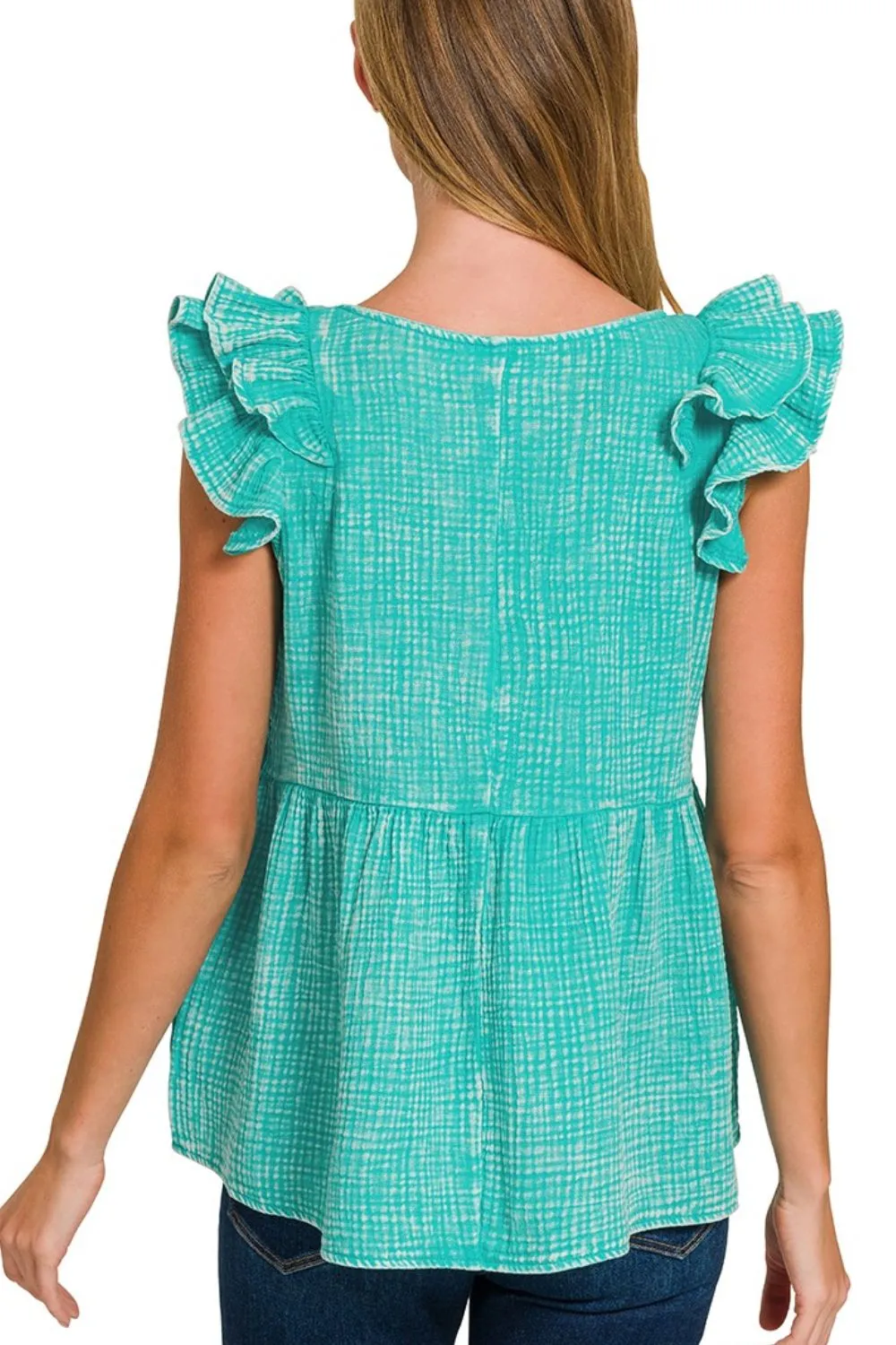 Double Gauze Acid Washed Tiered Ruffle Peplum Top, image 4