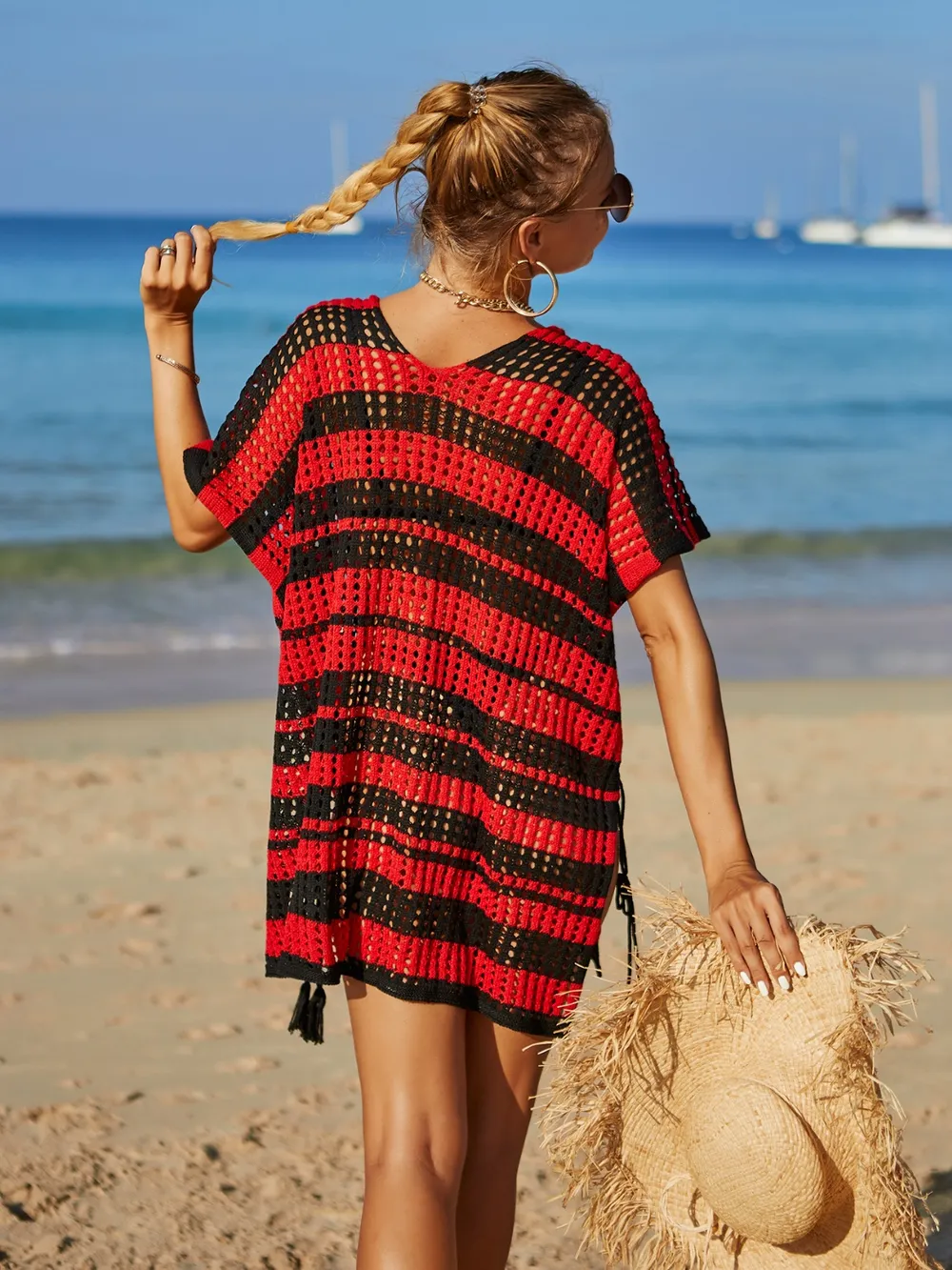 Tassel Openwork Striped V-Neck Cover Up, image 10