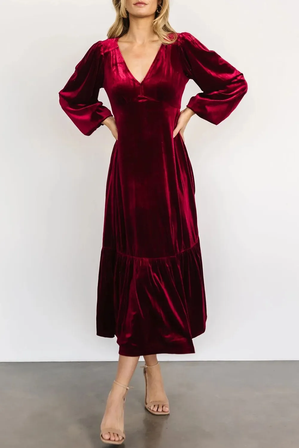 V-Neck Long Sleeve Midi Velvet Dress, image 16