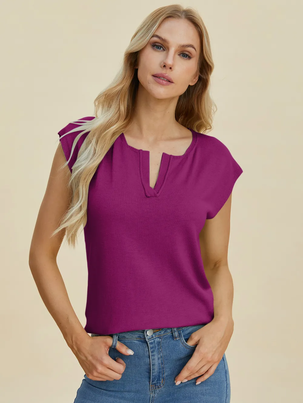 Full Size Notched Cap Sleeve Knit Top, image 11