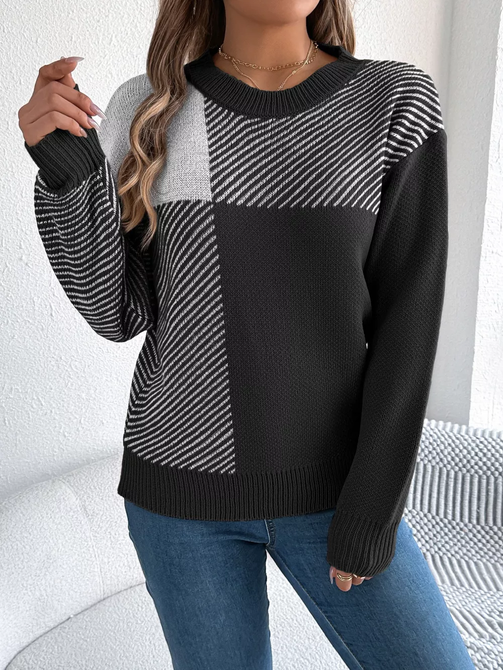 Color Block Striped Round Neck Sweater, image 17