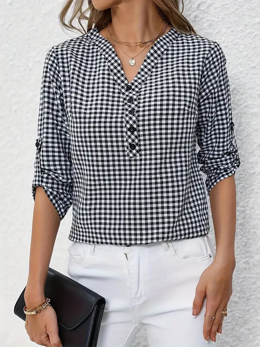 Gingham Button Detail Blouse, image 2