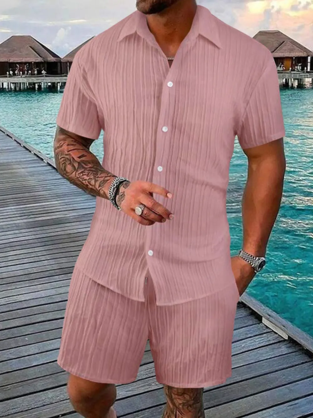 Men's Full Size Button Down Short Sleeve Shirt and Shorts Set Plus Size, image 6