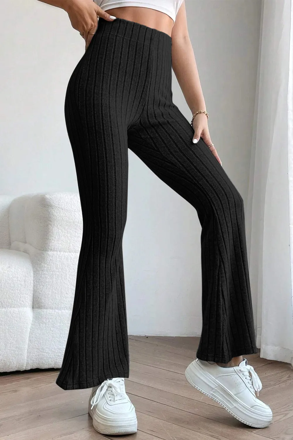 Full Size Ribbed High Waist Flare Pants, image 24