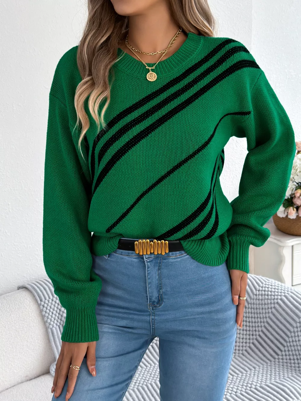 Striped Pattern Casual Round Neck Sweater, image 15
